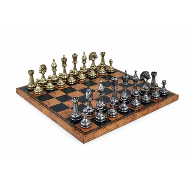 Juego de ajedrez Staunton de metal completo sobre tablero de símil cuero mapamundi
