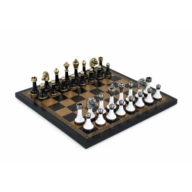 Juego de ajedrez Staunton completo sobre tablero de símil cuero dorado y negro