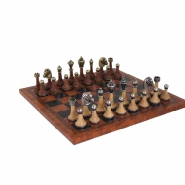 Juego de Ajedrez Staunton de Metal y Madera y Tablero de Ajedrez en Similcuero Marrón