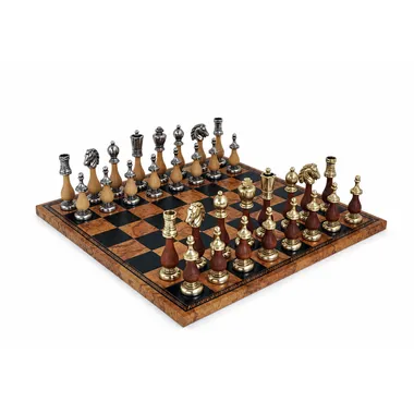 Juego de ajedrez Arabesque completo sobre tablero de símil cuero marrón y negro