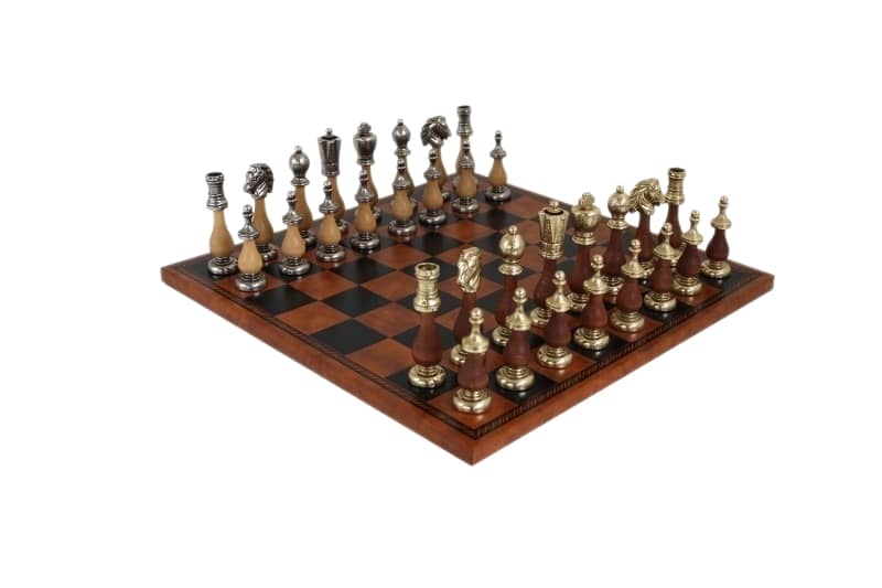 Juego de Ajedrez Artesanal de Madera y Metal y Tablero de Ajedrez de Piel Sintética Marrón
