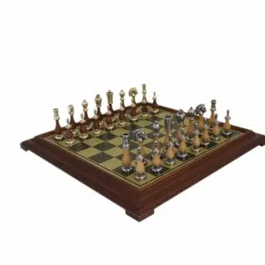 Juego de ajedrez arabesco - Tablero de ajedrez con efecto de latón y marco de madera y juego de ajedrez de metal y madera