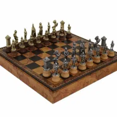 Juego de ajedrez Mary Stuart - Juego de ajedrez, damas y backgammon de cuero artificial con compartimento de almacenamiento y juego de ajedrez de metal y madera