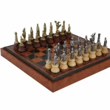 Juego de ajedrez medieval - Tablero de damas y backgammon de imitación de cuero marrón/negro con compartimento de almacenamiento y juego de ajedrez de metal