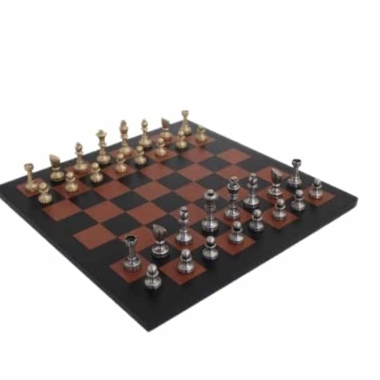Pequeño Juego de Ajedrez Moderno en Latón Artesanal & Tablero de Ajedrez en Cuero Verdadero