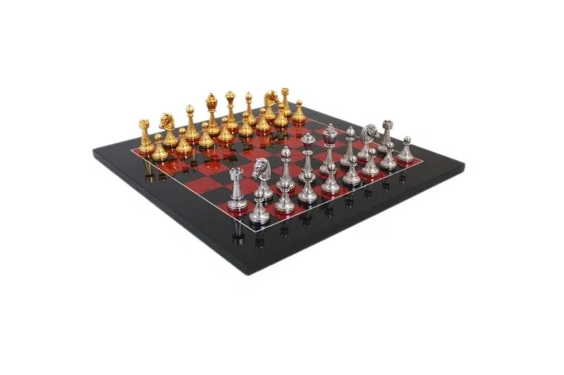 Juego de ajedrez floreado - Tablero de ajedrez de madera de brezo brillante negro y rojo y juego de ajedrez de metal chapado en oro y plata