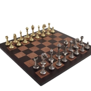 Juego de Ajedrez Staunton en Metal & Tablero de Ajedrez en Cuero Verdadero