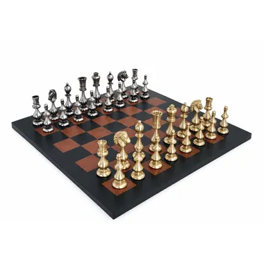 Juego de ajedrez Grand Oriental de latón macizo sobre tablero de cuero auténtico