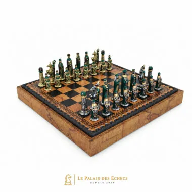 Juego de ajedrez medieval completo sobre tablero de símil cuero con almacenamiento