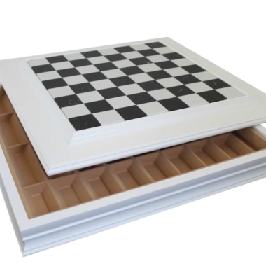 Tablero de Ajedrez de Madera Lacada Blanca y Tablero de Mármol Negro y Blanco con Almacenamiento