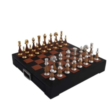 Juego de Ajedrez de Madera y Metal Chapado en Oro y Plata & Tablero de Ajedrez de Cuero con Cajón de Almacenamiento