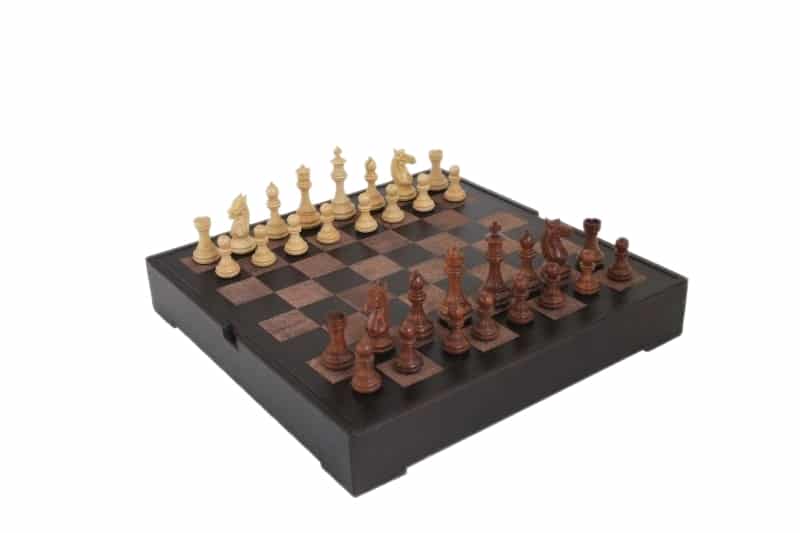 Juego de Ajedrez Staunton en Madera de Rosa & Tablero de Ajedrez en Cuero Verdadero con Compartimento de Almacenamiento