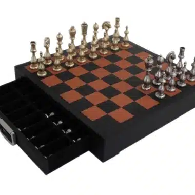 Gran Juego de Ajedrez de Metal & Tablero de Ajedrez de Cuero Verdadero con Cajón de Almacenamiento