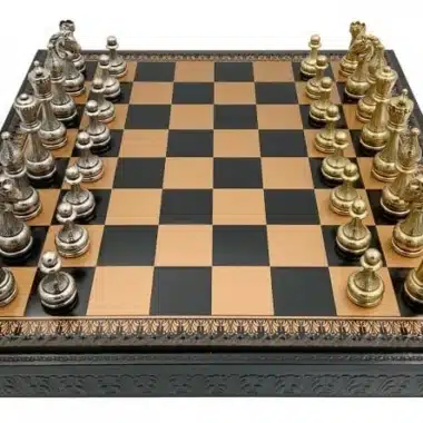 Juego de ajedrez Flowery - Juego de ajedrez, damas y backgammon en polipiel dorada/negra con compartimento de almacenamiento y juego de ajedrez de metal