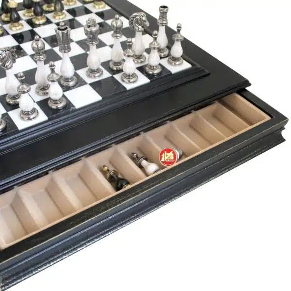 Juego de ajedrez blanco y negro Staunton - Tablero de ajedrez de mármol y madera con almacenamiento y juego de ajedrez de madera y metal - Imagen 3