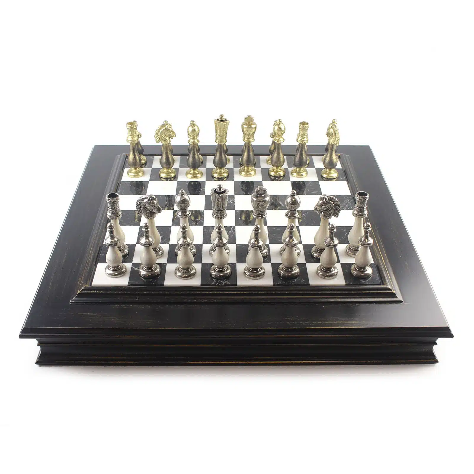 Juego de ajedrez blanco y negro Staunton - Tablero de ajedrez de mármol y madera con almacenamiento y juego de ajedrez de madera y metal - Imagen 6
