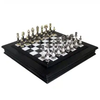 Juego de ajedrez blanco y negro Staunton - Tablero de ajedrez de mármol y madera con almacenamiento y juego de ajedrez de madera y metal