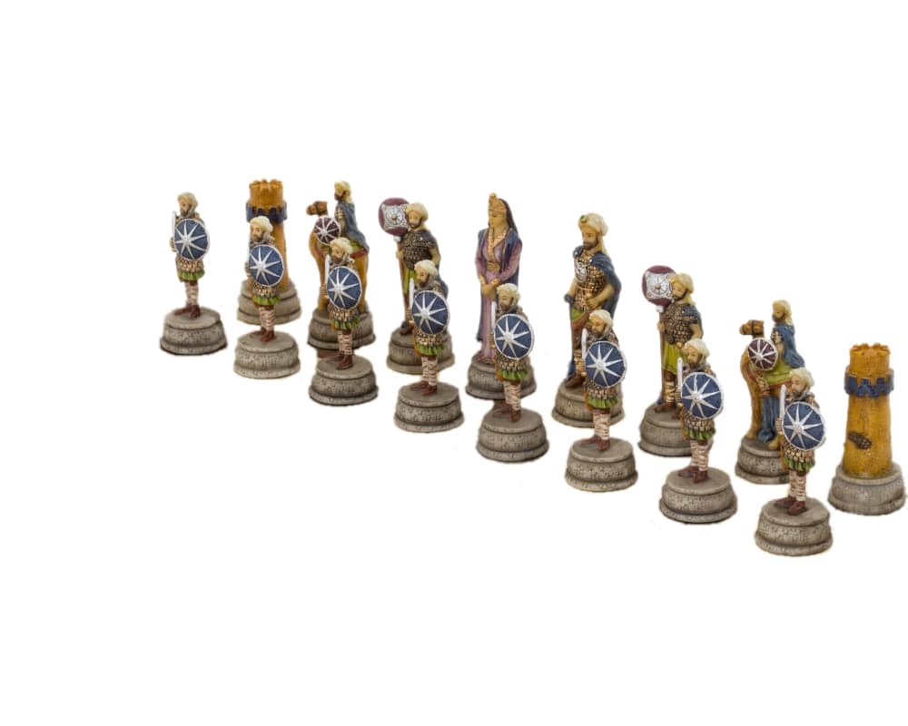 Juego de Ajedrez Guerras Arabo Bizantinas en Resina y Tablero en Similcuero Dorado y Azul - Imagen 7
