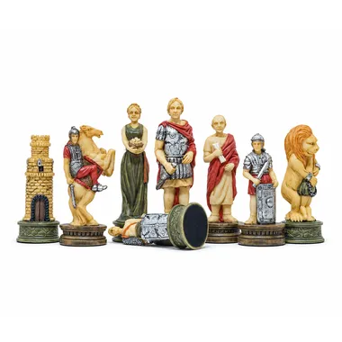 Piezas de ajedrez Romanos vs Gladiadores: torre, caballo, dama, rey, alfil y león
