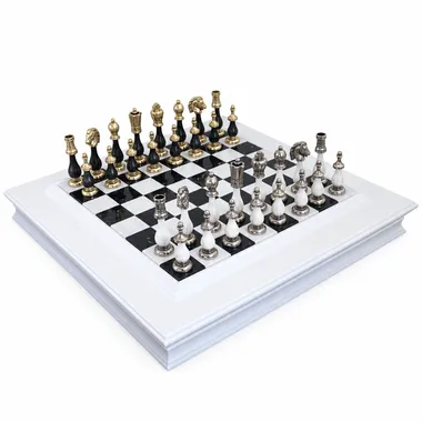 Juego de ajedrez completo en madera y metal negro y blanco sobre caja lacada blanca