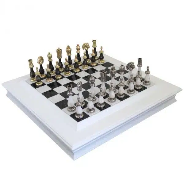 Gran Juego de Ajedrez de Madera y Metal Negro y Blanco & Tablero de Ajedrez de Mármol y Madera Lacada con Almacenamiento