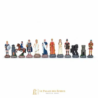 Piezas de ajedrez de estaño Mitología Griega alineadas mostrando todos los personajes
