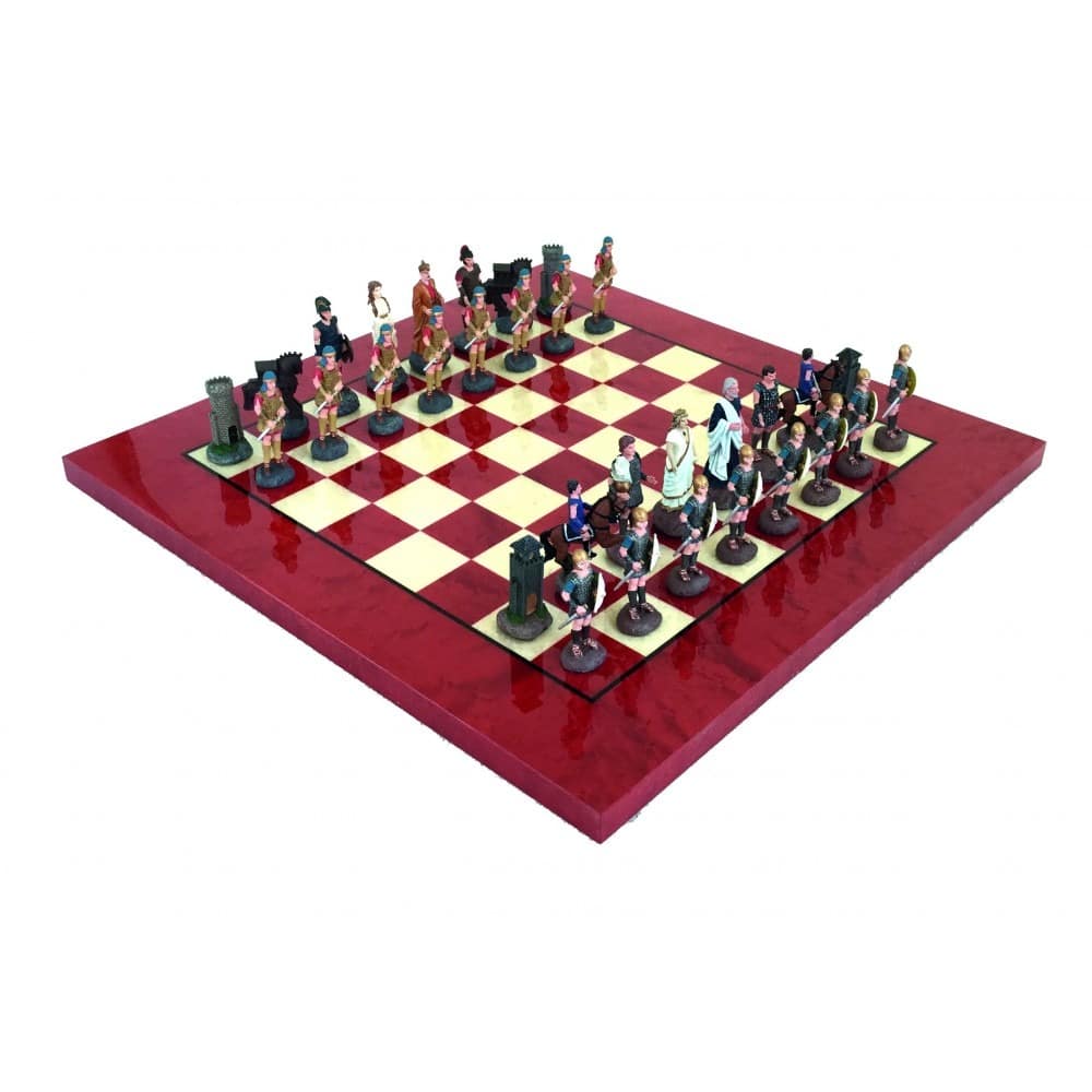 Juego de Ajedrez Batalla de Troya - Tablero de Ajedrez de Madera de Brezo Rojo y Blanco & Juego de Ajedrez de Estaño Pintado a Mano