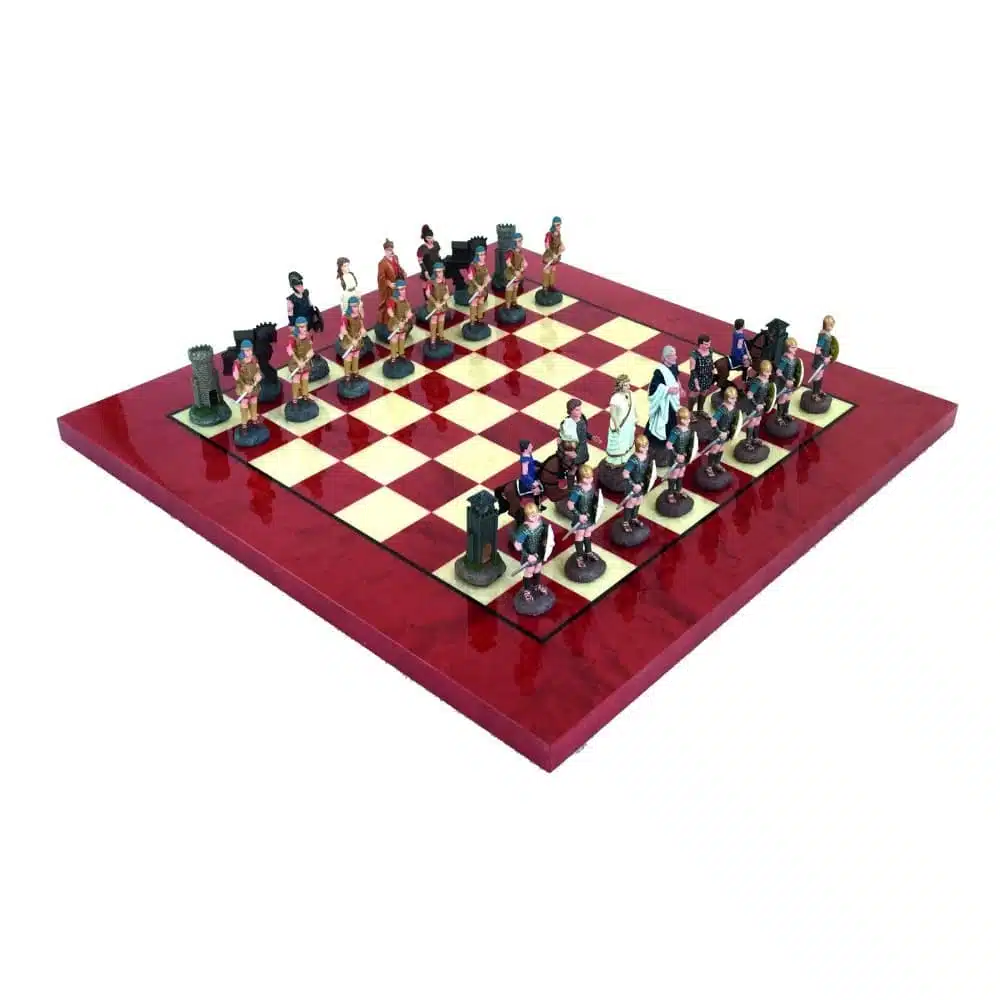 Juego de Ajedrez Batalla de Troya - Tablero de Ajedrez de Madera de Brezo Rojo y Blanco & Juego de Ajedrez de Estaño Pintado a Mano