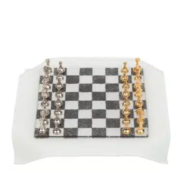 Pequeño Tablero de Ajedrez en Vidrio Blanco y Negro & Juego de Ajedrez en Metal Baño de Oro / Plata - Imagen 10