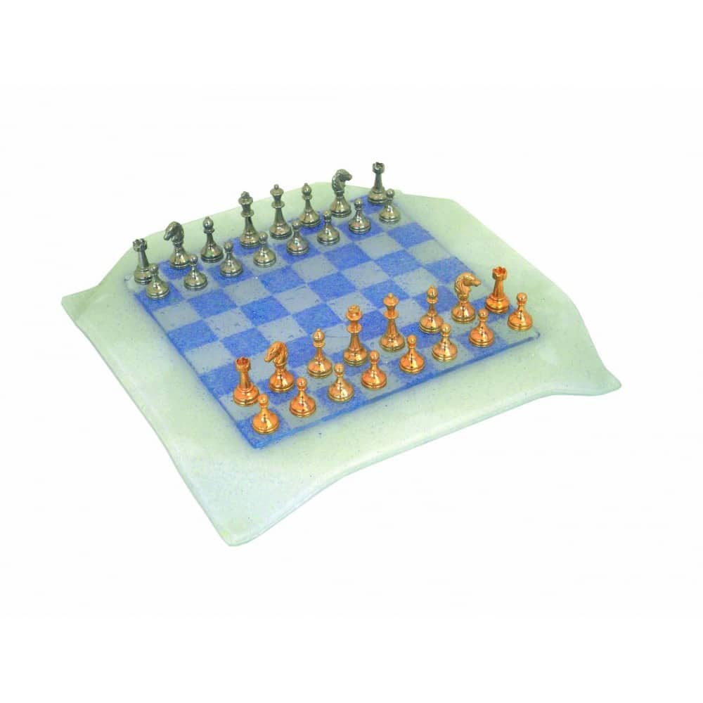 Pequeño Tablero de Ajedrez de Vidrio Blanco y Azul & Juego de Ajedrez de Metal Chapado en Oro / Plata