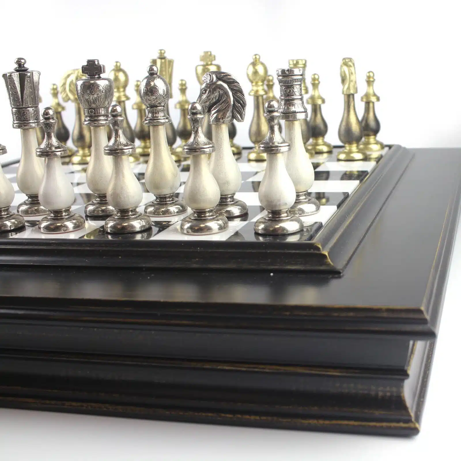 Juego de ajedrez blanco y negro Staunton - Tablero de ajedrez de mármol y madera con almacenamiento y juego de ajedrez de madera y metal - Imagen 4