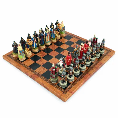 Juego de ajedrez Dominación Mongola sobre Rusia, vista general sobre el tablero de símil cuero