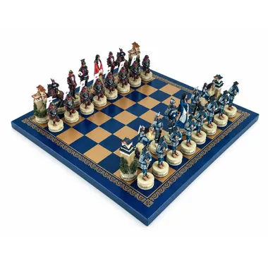 Juego de ajedrez Samurái de resina pintado a mano sobre tablero de símil cuero dorado y azul