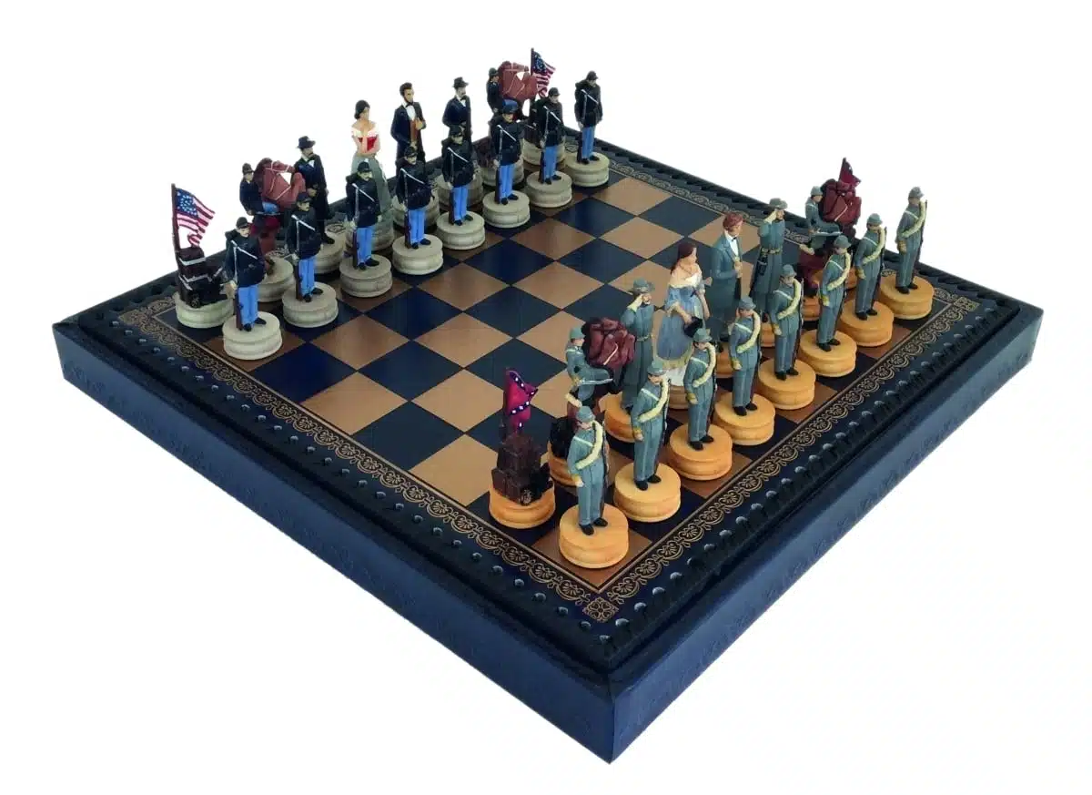 Juego de Ajedrez Guerra Civil Americana en Resina & Tablero de Ajedrez en Piel Sintética con Compartimento de Almacenamiento