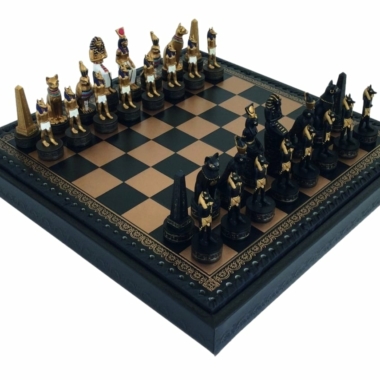 Juego de Ajedrez Egipto Antiguo en Resina & Tablero de Ajedrez en Piel Sintética con Compartimento de Almacenamiento