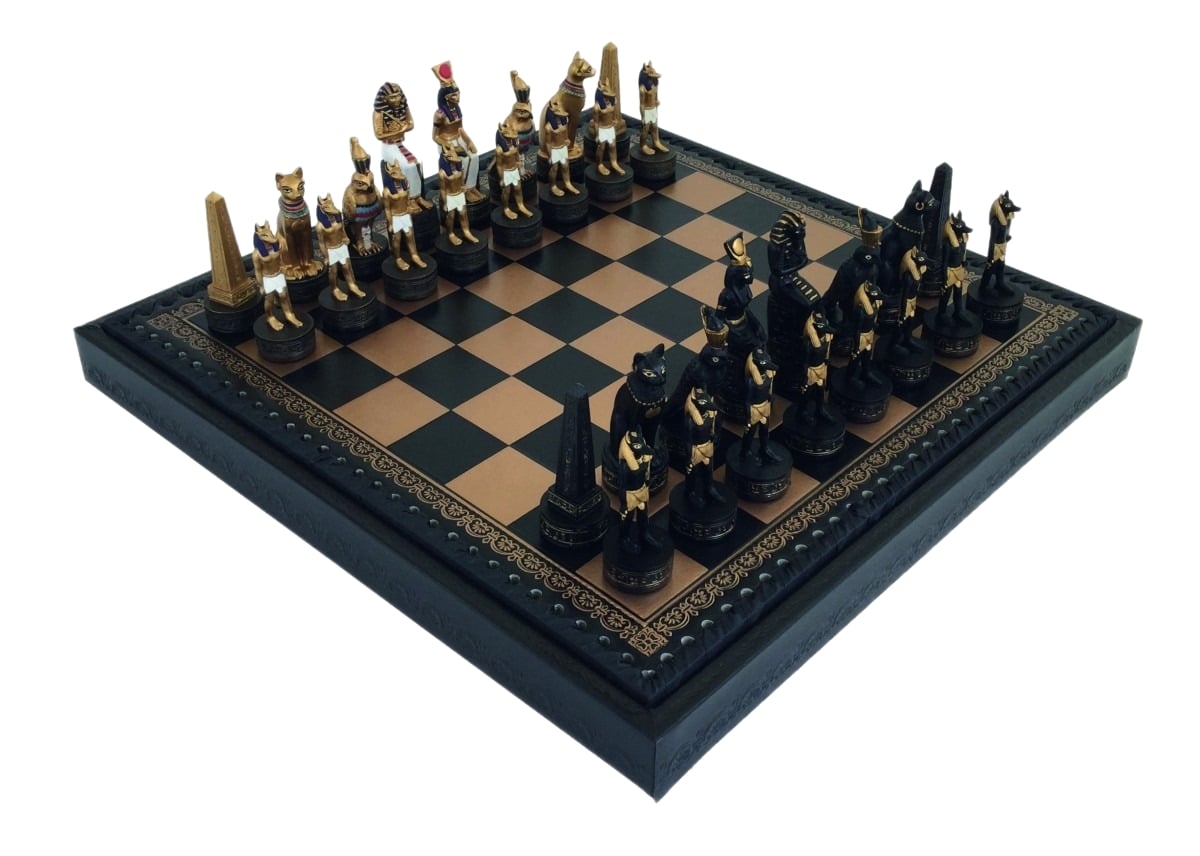Juego de Ajedrez Egipto Antiguo en Resina & Tablero de Ajedrez en Piel Sintética con Compartimento de Almacenamiento