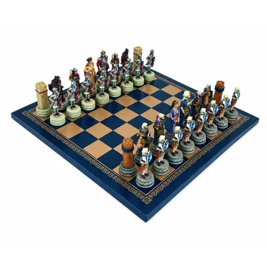 Juego de ajedrez Guerras Arabo Bizantinas completo sobre tablero de ajedrez símil piel dorado y azul