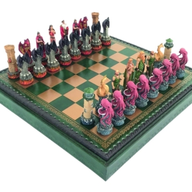 Juego de Ajedrez Fantasy Agua VS Fuego en Resina & Tablero de Ajedrez en Similicuir con Almacenamiento