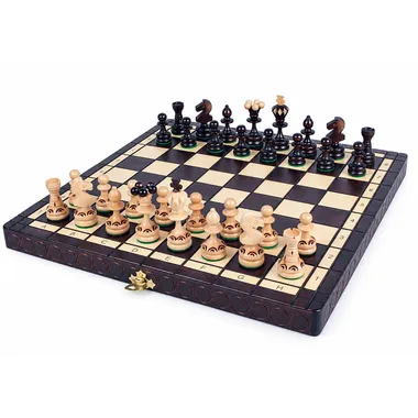 Juego de ajedrez plegable de madera Pearl, tablero abierto con piezas colocadas