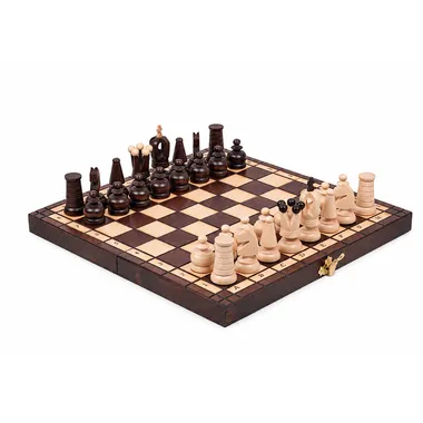 Juego de ajedrez de viaje plegable de madera, piezas en posición inicial