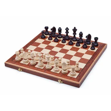 Juego de ajedrez completo con tablero plegable de madera, piezas claras y oscuras