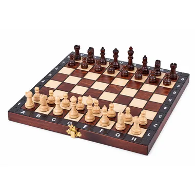 Juego de ajedrez Étudiant de madera montado, piezas claras y oscuras en juego