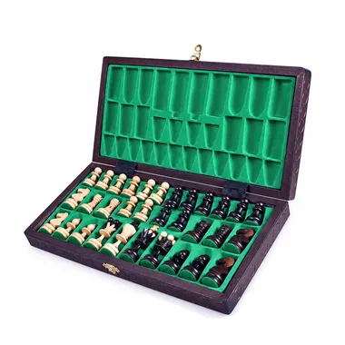 Juego de ajedrez plegable de madera Pearl, caja abierta con compartimentos de fieltro verde