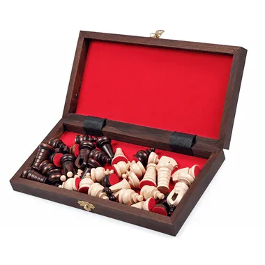 Caja plegable abierta con interior rojo y piezas guardadas