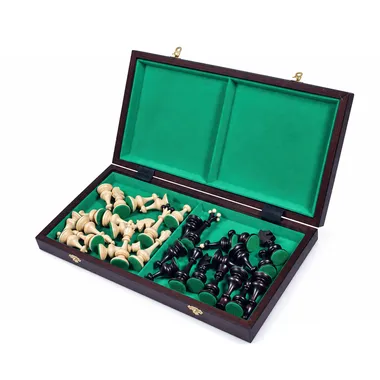Caja de almacenamiento de madera abierta con compartimentos de fieltro verde y piezas guardadas