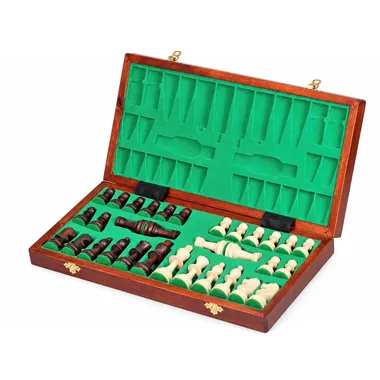 Caja de almacenamiento abierta con compartimentos de fieltro verde y piezas de ajedrez