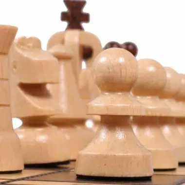 Piezas de ajedrez de madera, detalle del caballo y los peones alineados en el tablero