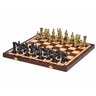 Tablero de ajedrez plegable de madera con piezas espartanas doradas y negras