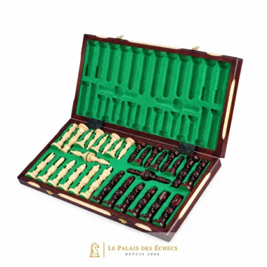 Caja plegable abierta con compartimento verde para guardar las piezas