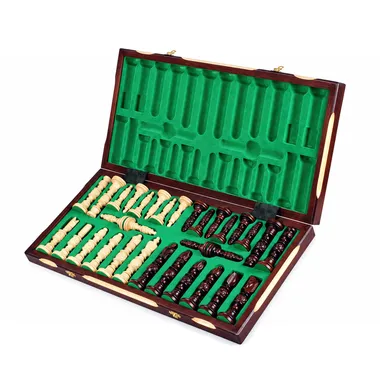 Caja plegable abierta con compartimento verde para guardar las piezas